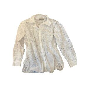 Loft Womens White Floral Eyelet Button-Down Shirt L 100% Cotton Cottage Career